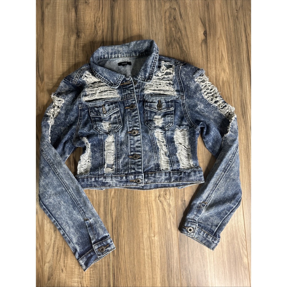 Chiqle Women's Medium Ripped Jean Jacket Distressed Blue Light Wash Cropped‎